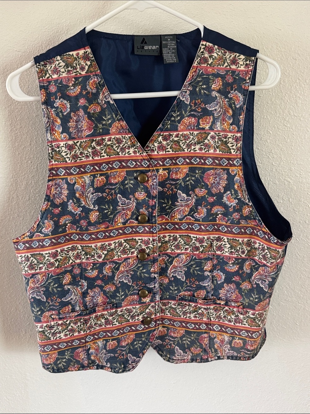 Liz Wear Vintage Cotton Floral Paisley Printed  Granny Vest Top W/ Brass Button